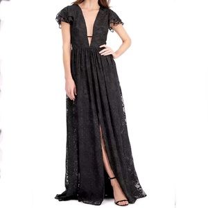 V Neck Flutter Sleeve Plunging Next Open Back Gown.